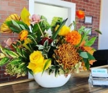 Bouquet of flowers on dental office reception desk